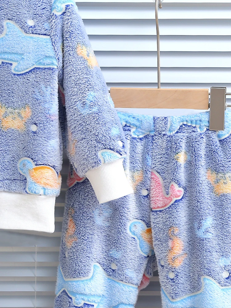 2pcs baby boy autumn and winter night light pattern plush thick long sleeved shirt and pants for comfort Chid Accessories