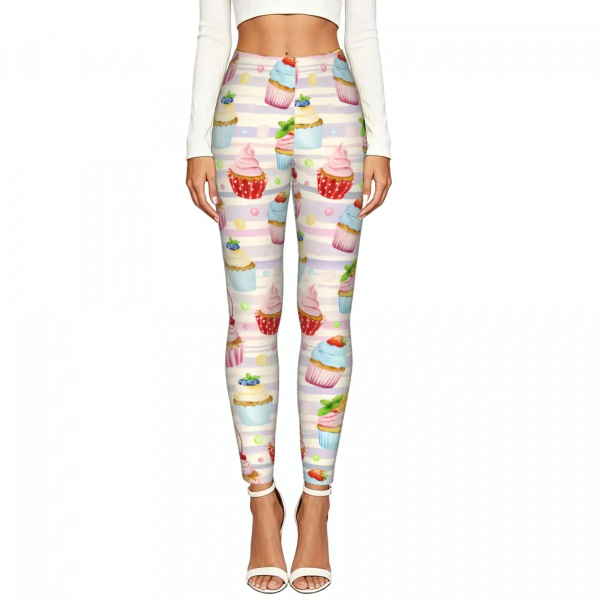 Ladies Elastic Waist Skinny Leggings Cupcakes On Striped Background Trousers For Daily Outdoor
