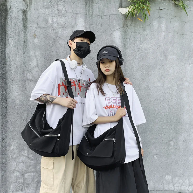 Trendy Cool College Student Couple Shoulder Bag Large Capacity Men Casual Crossbody Bag Solid Color Flip Cover Women School Bag