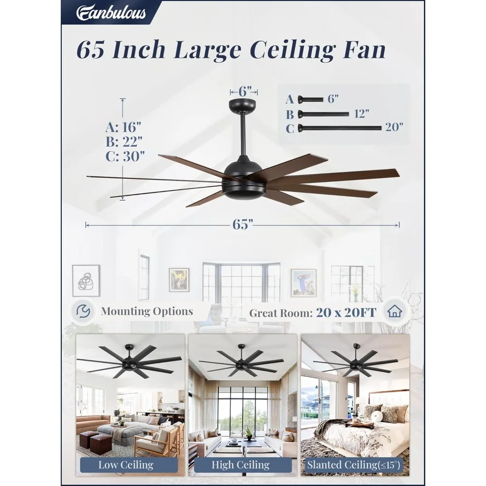 พัดลมเพดาน 65 นิ้วไม่มีแสงพร้อมรีโมท พัดลมเพดานในร่ม/กลางแจ้งสีดําไม่มีแสงพร้อมมอเตอร์ DC แบบพลิกกลับได้เงียบ