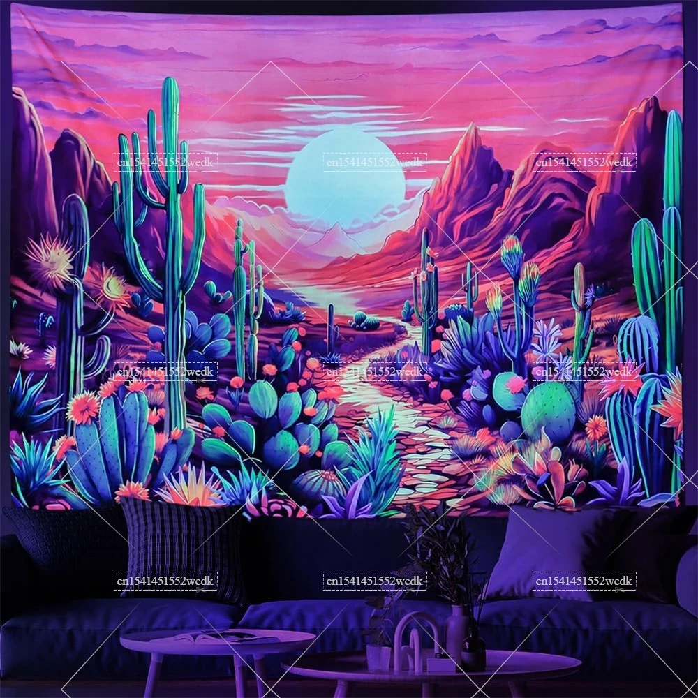 Blacklight Desert Cactus Tapestry UV Reactive Neon Sun Mountain Black Light Tapestry Glow In The Dark Wall Decor Party Backdrops