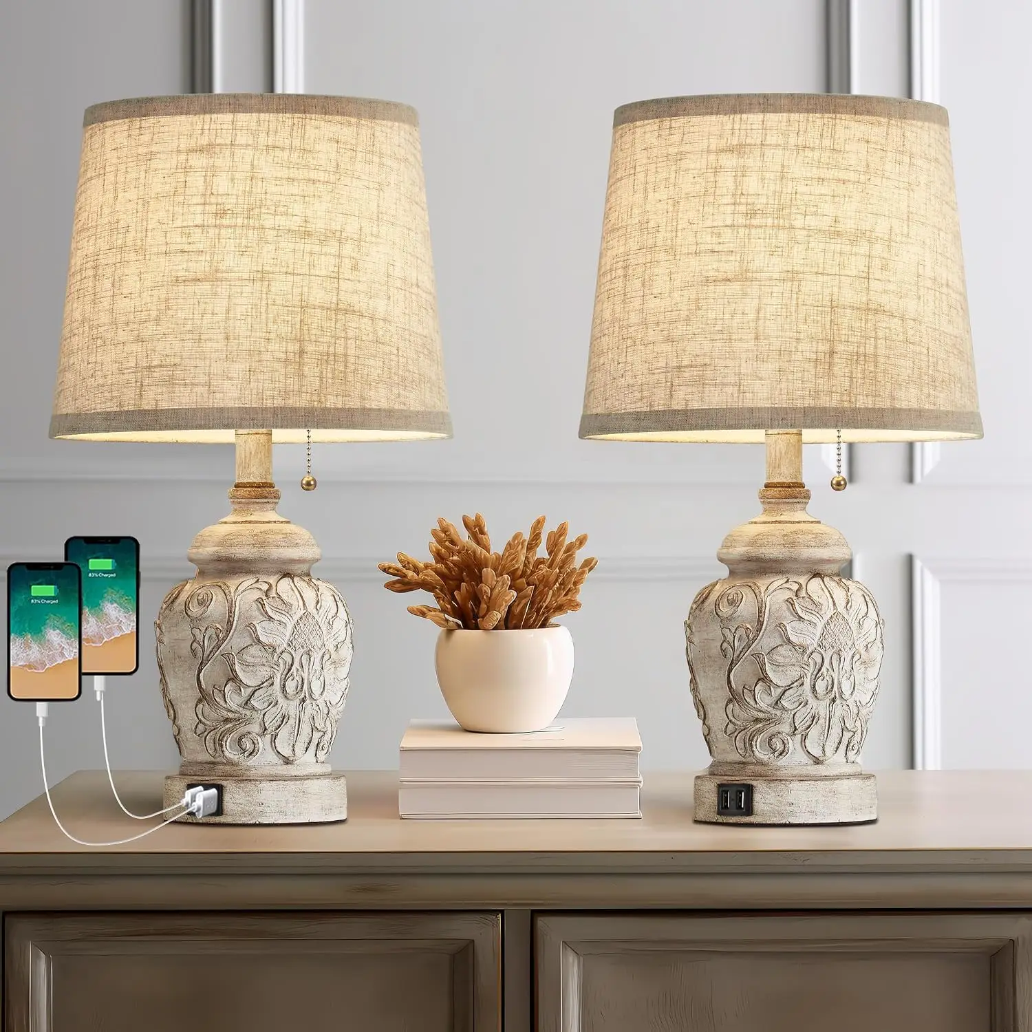 Set of 2 Farmhouse Table Lamps with USB Ports, 19.5" Vintage Nightstand Lights for Living Room Bedroom, Rustic Floral Design with Pull Chain