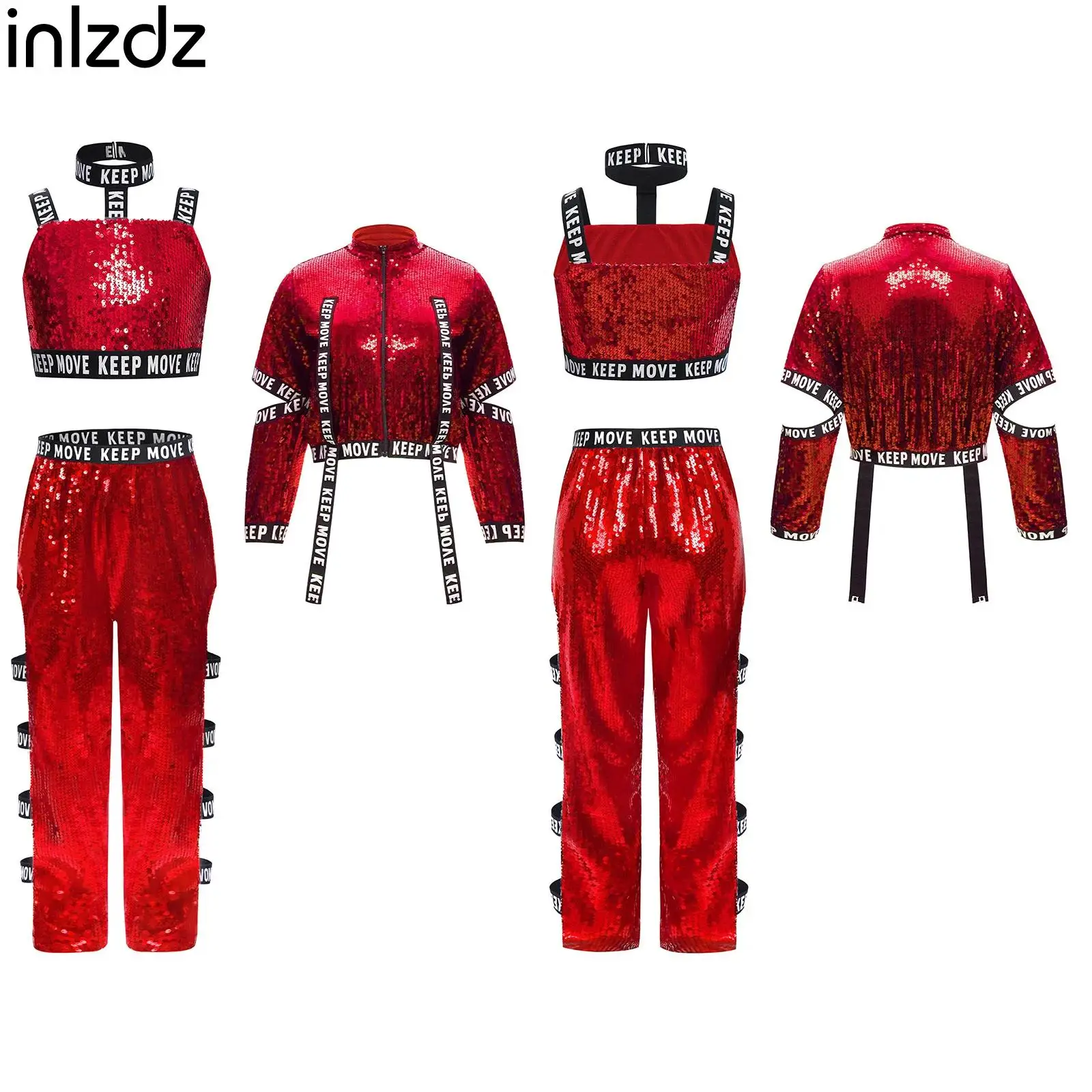 

Girls Hip-Hop Set Jazz Dance Stage Performance Costume Streetwear Sequin Vest+Long Sleeves Jacket+Pants Suit for Birthday Party