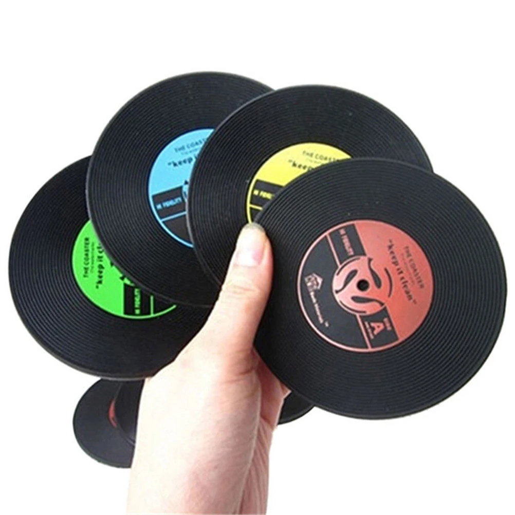 

4 Pcs Record Coasters Retro Music Decor CD Moisture Resistant Table Vinyl Record Coasters Placemat Home Bar Accessories