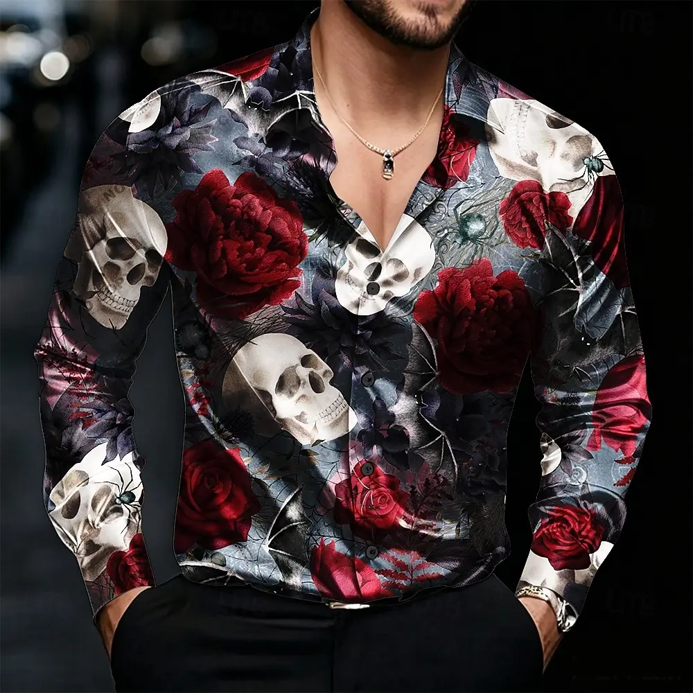 Halloween Men's Rose Skulls Long Sleeve Casual Horror Dark Vacation Party Evening Wear Dailywear Spring Fall Collared Shirt