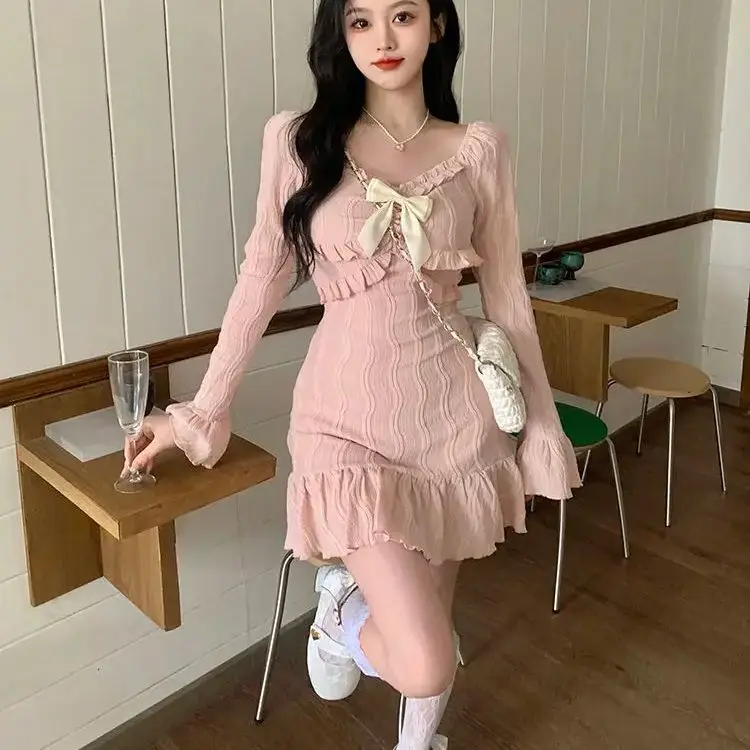 

Dress A-Line Square Collar Bow Flare Sleeve Pink Sweet Elegant Fashion Slim Prom Gown High Street One-Piece Frocks Short Skirt