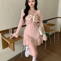 Dress A-Line Square Collar Bow Flare Sleeve Pink Sweet Elegant Fashion Slim Prom Gown High Street One-Piece Frocks Short Skirt