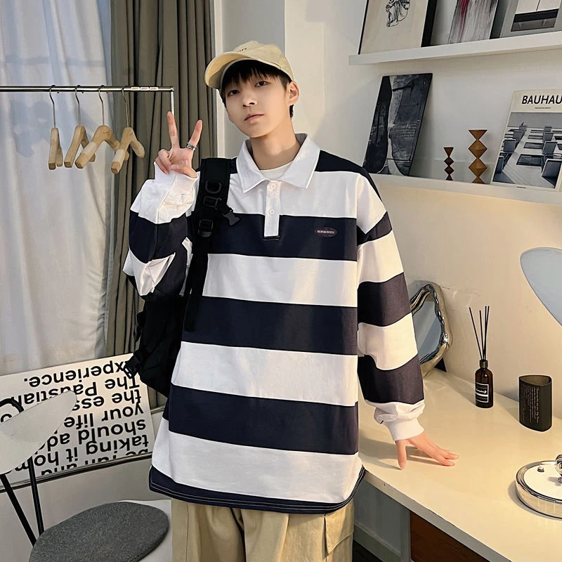 Black White Striped Print O Neck Men Long Sleeve Polo T Shirt Japan Style Fashion Casual Harajuku Oversized Top Tee Hip Hop Punk