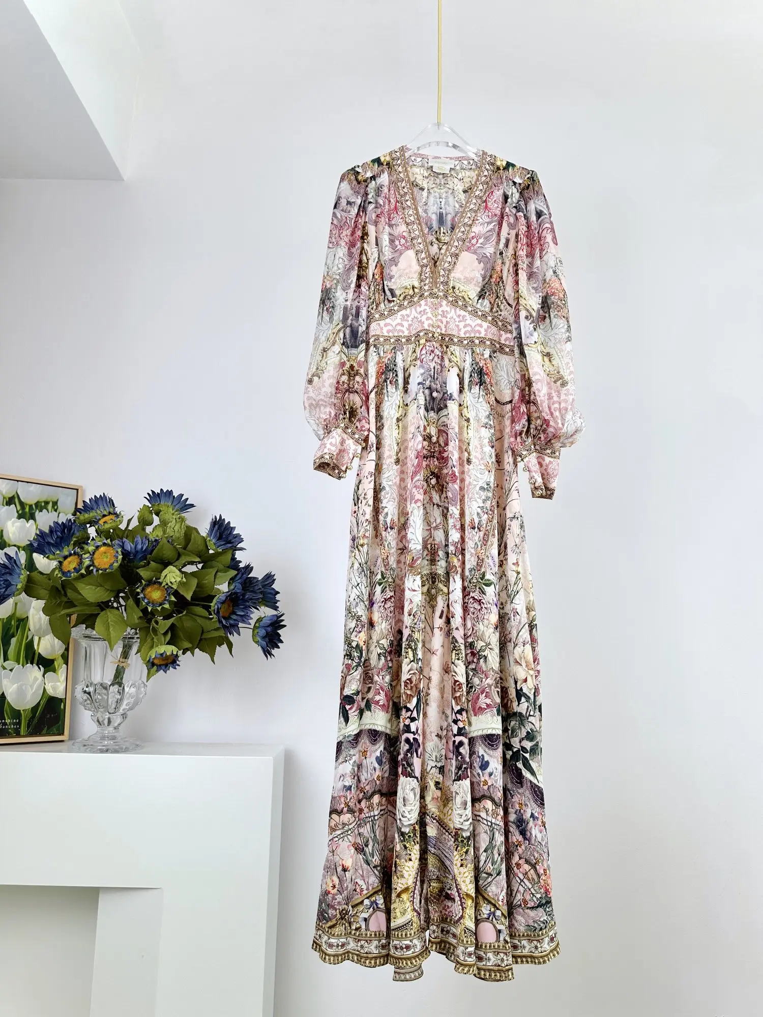 Women Flower Printed V-Neck Beaded Long Sleeve Slim Waist 100% Silk Maxi Dress