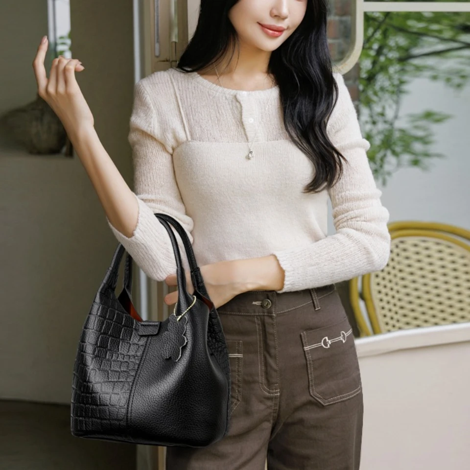 Luxury Women's Bucket Bags Crocodile PU Leather Casual Top-handle Bag Crossbody Bags for Women Designer Ladies Commuting Handbag