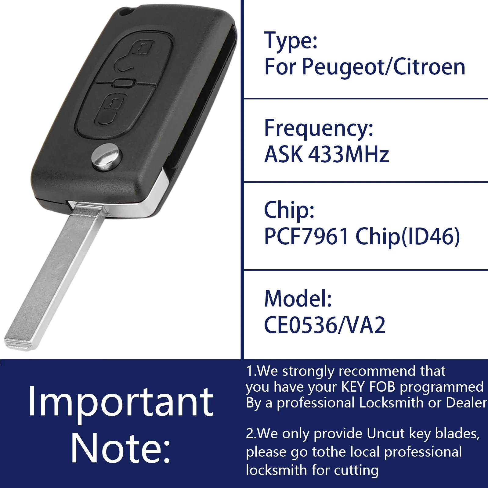 OHMSEN Flip Car Key Remote Fob 433MHz 2 Button VA2 CE0536 for Peugeot Citroen Berlingo C2 C3 DS3 Partner 207 307 308 PCF7961Chip