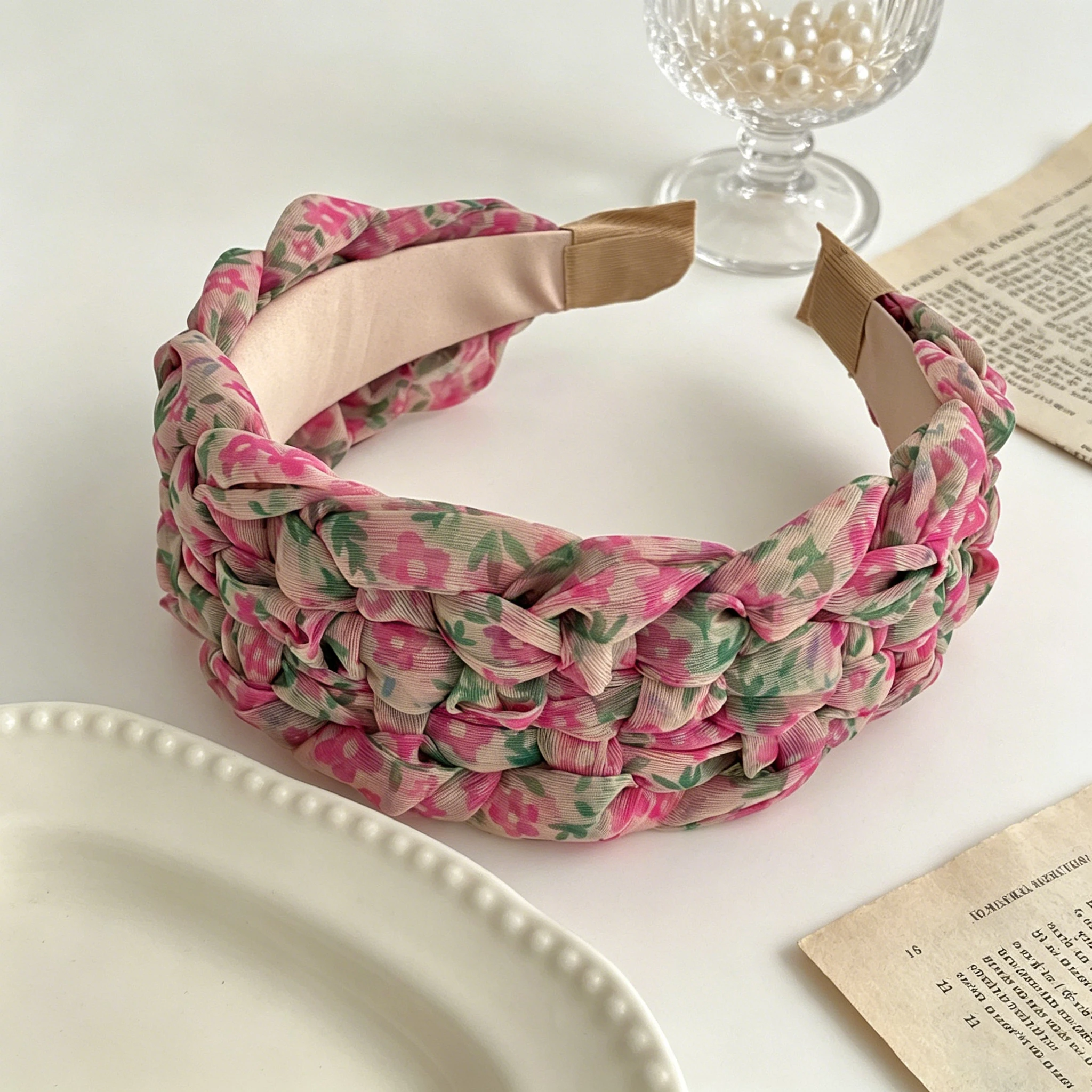 1PC Floral Print Braided Headband, Boho Wide Padded Hairband, Elegant Hair Accessory For Women Daily Styling