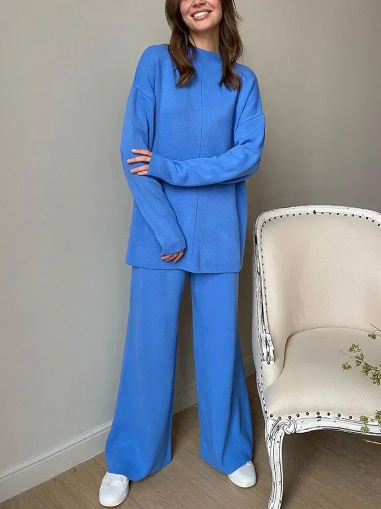 Elegant Women\'s Sets Knitted Sweater and Wide Leg Pant Suit Loose Casual Solid Green Blue Two Piece Set for Women 2 Pieces