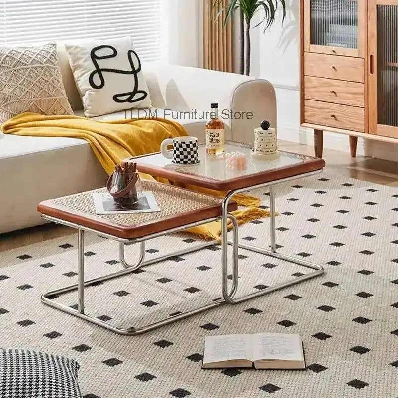 Table Nesting Coffee Living Table Rattan Center Glass Top Retro Stainless Steel for Frame Modern Room Home Furniture