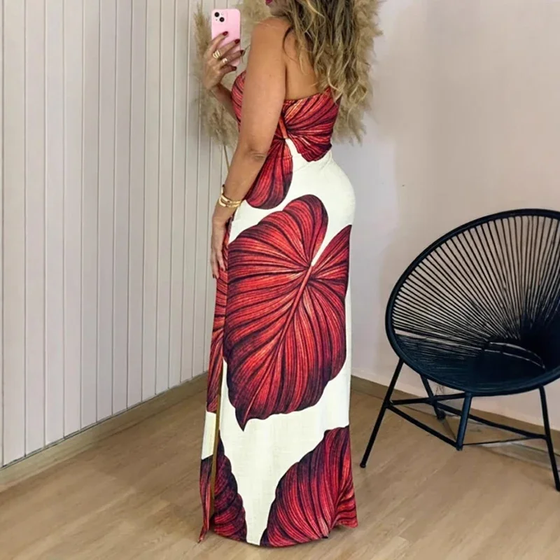 Abito lungo elegante senza maniche da donna Abiti da festa da spiaggia sexy slim divisi per le donne Abito stampato bohemien Boho