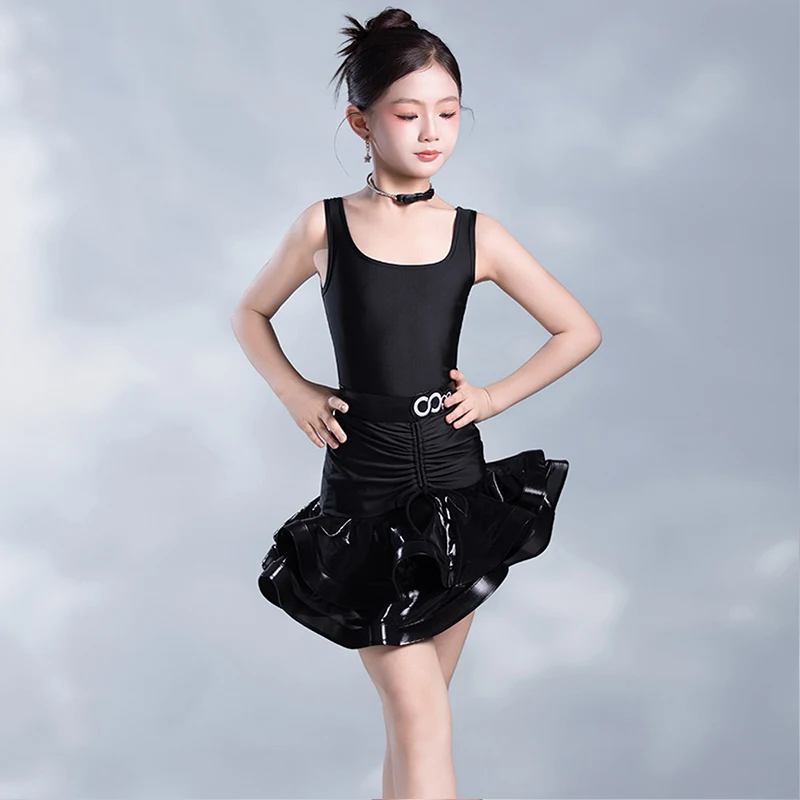 Meisjes Latin Danskostuum Kinder Samba Trainingskleding Prestatiekleding Latin Dans Lederen Visgraatrok Set XH2752