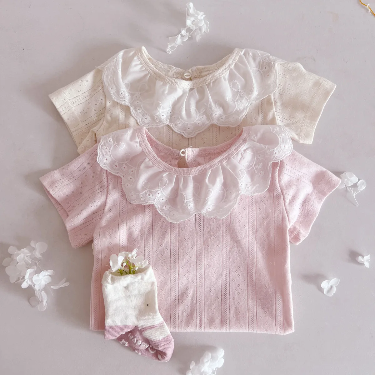 2024 Summer New Baby Short Sleeve T Shirts Cute Sweet Princess Tops Cotton Infant Girl Lace Lapel Tee Toddler Solid Thin T Shirt