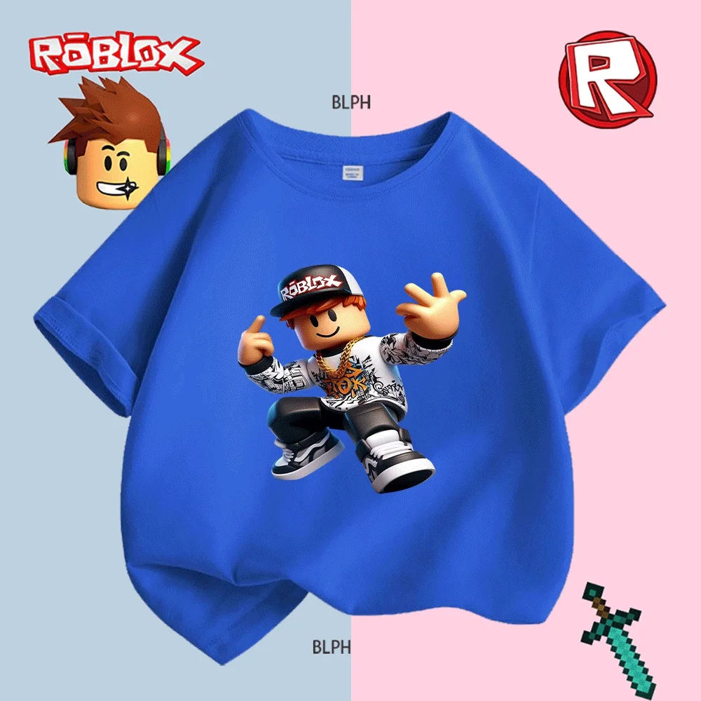 Camiseta para niños con estampado de grafiti inspirado en Roblox, estilo streetwear fresco para niños/niñas, camiseta informal de moda con vibraciones de hip-hop
