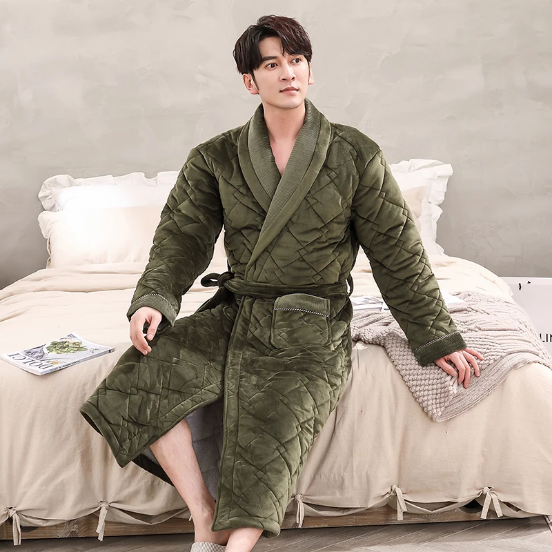 Men Casual Kimono Bathrobe Winter Three Layers Flannel Quilted Long Robe Thick Warm Sleepwear Big Yards Nightgown Male Home Wear