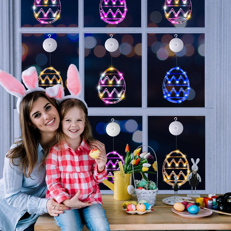 2/4pcs Set Mixed Color Easter Window Lights Egg Shaped Hanging String Light With Suction Cup Battery Powered Door Easter Decor