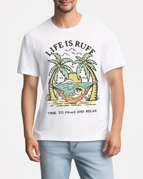 

Time To Pawz And Relax Print T-Shirt Men Cotton Summer Basics T Shirts Crewneck All-Match Clothes Casual Oversize Short Sleeve
