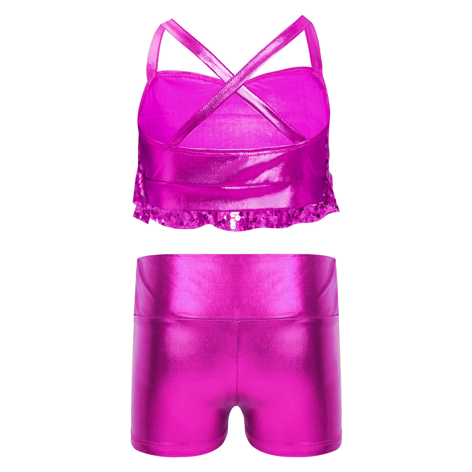 Kids Girls Hip Hop Jazz Dance Outfit Glittery Sequins Metallic Crop Top with Shorts for Gymnastics Birthday Party School Show