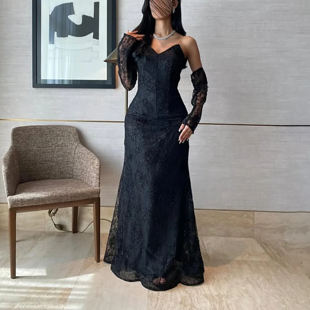 

Черное вечернее платье по индивидуальному заказу с v-образным вырезом, кружевное платье русалки длиной до пола, вечерние платья с рукавами и открытой спиной, 2025 г.