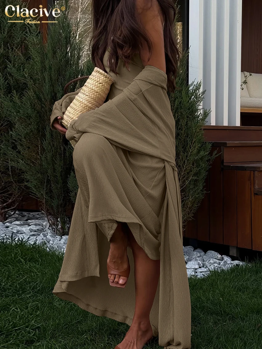 Clacive moda solta vestido brwon conjunto 2 peça mulher 2025 elegante manga longa roupões com sem mangas maxi vestidos conjunto feminino