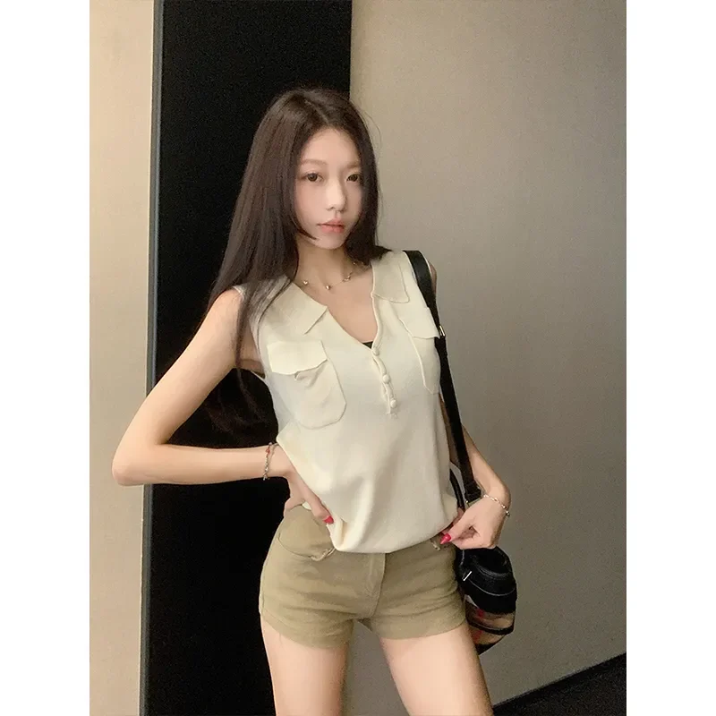 French Old Money Lapel V Neck Knit Tank Top Women Sleeveless Pocket Slim Vest