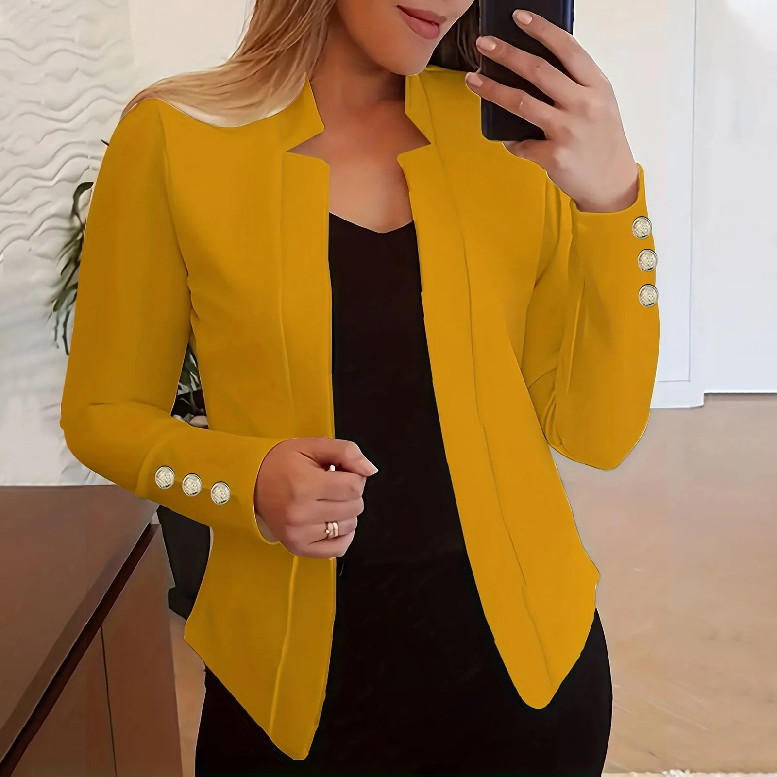 Women'S Solid Color Casual Suit Top Neckline Cut Fashion Long Sleeve Slim Jacket Office Short Suit Jacket Fashion Women'S Wear