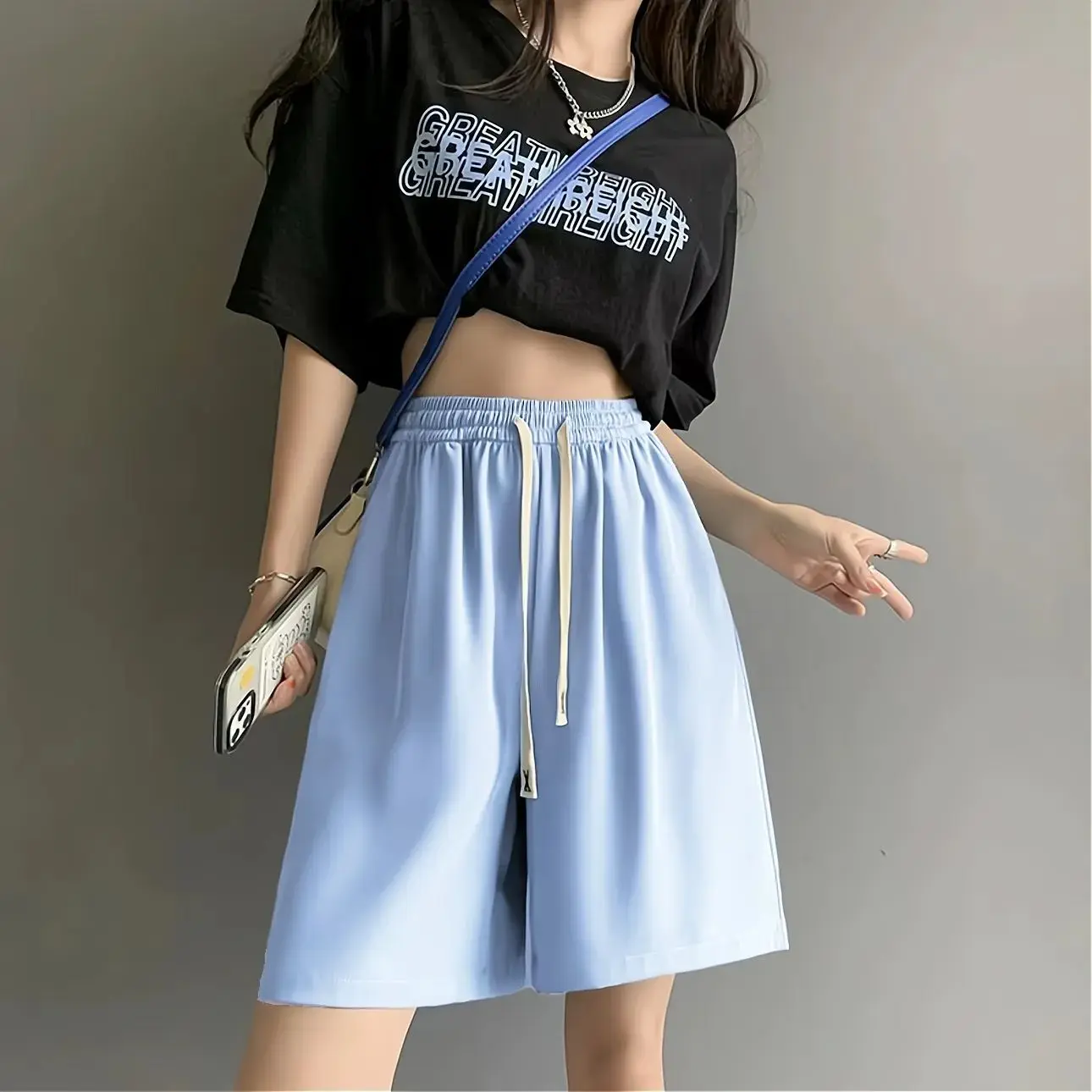 여름용 얇은 루즈핏 캐주얼 여성 스포티 아이스 실크 반바지 하이웨이스트 단색 드로스트링 잠옷 5부 반바지