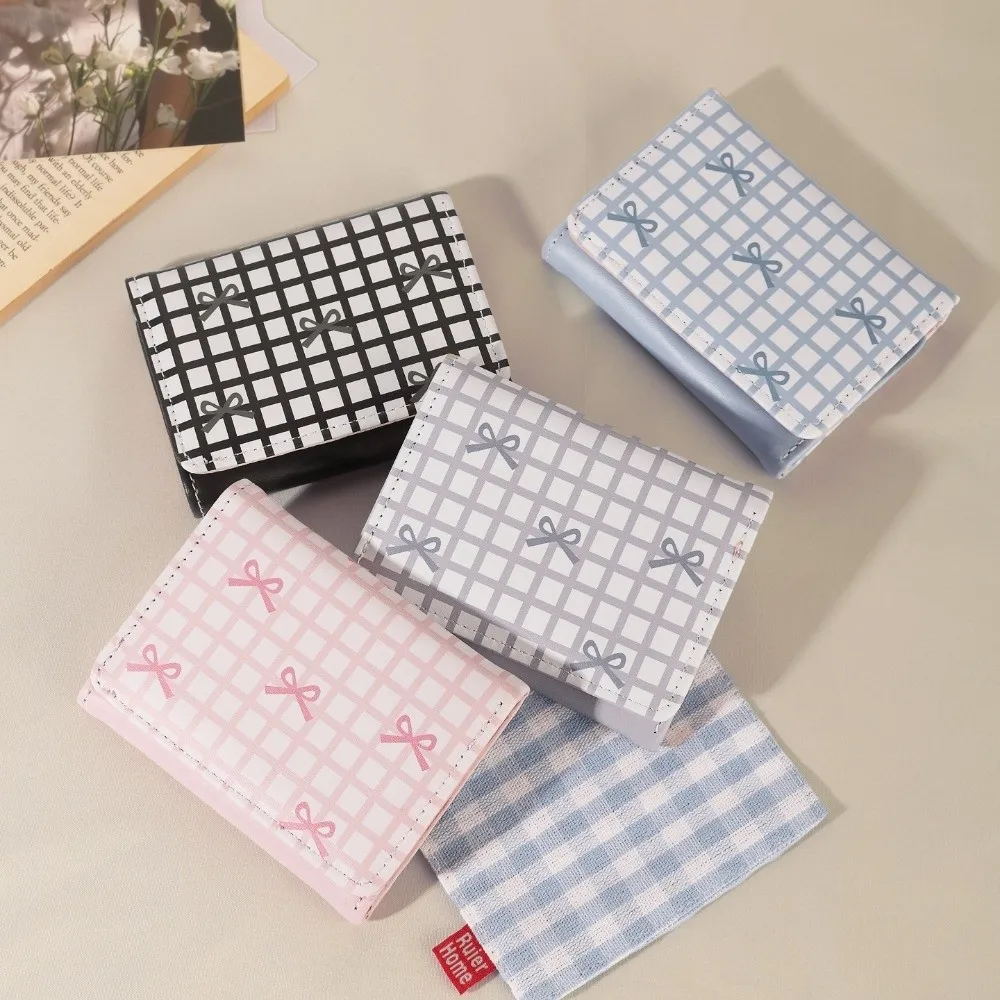 New PU Leather Short Wallet Multi Card Slot Grid Bow Print Coin Purse Foldable Card Holder