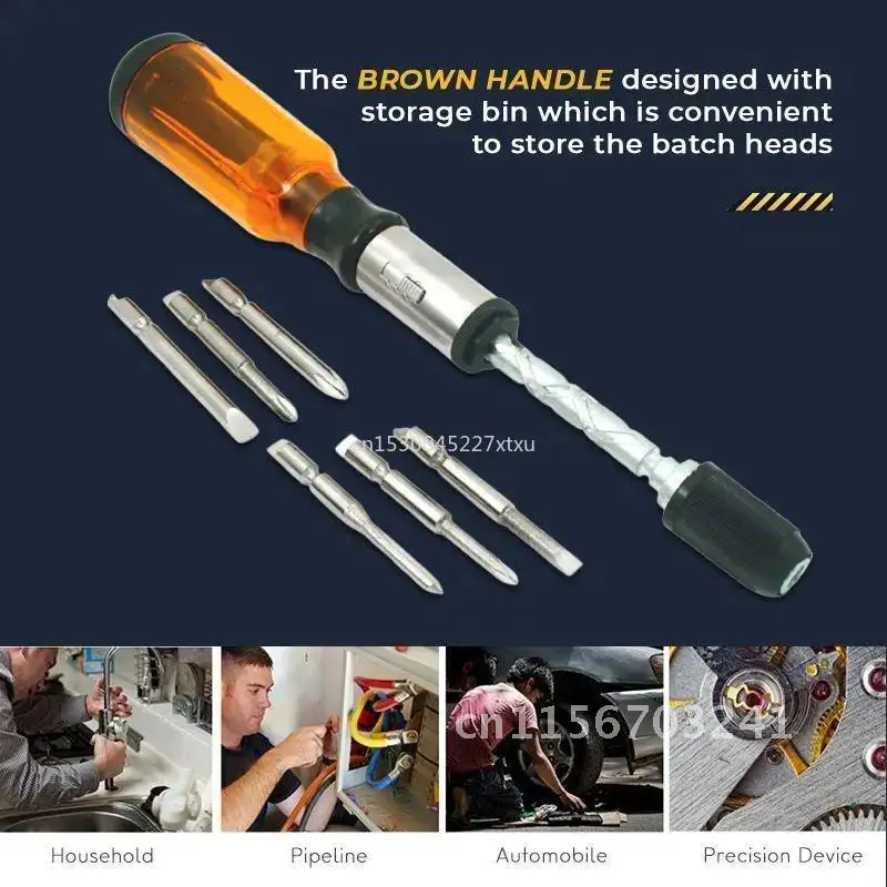 Ratchet Screwdriver with Adjustable Length-260mm Automatic Push Pull Screwdriver with 5 Pcs Screwdriver Head Dropship