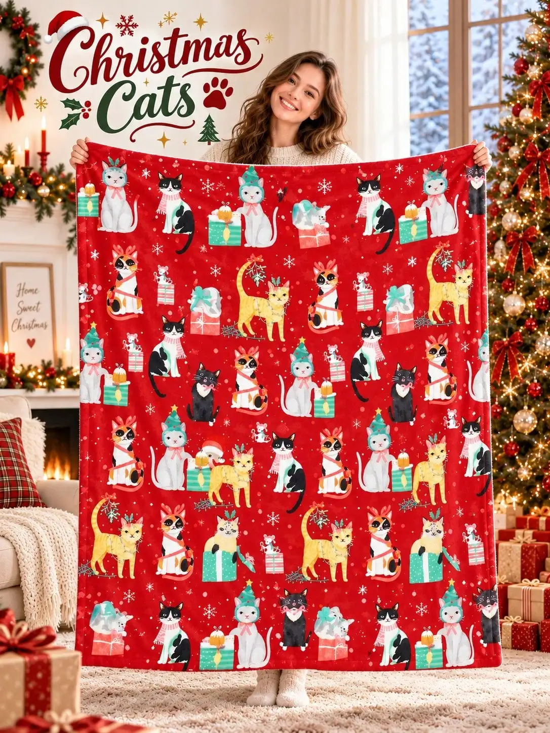 Christmas Flannel Blankets & Throws Cats Snowflakes Trees Present Boxes Stockings Home Decor Sofa Couch Bed Bedroom Living Room Office Travel Nap Reading Gift for Family Friends Pet Owners Housewarming Birthday Anniversary Holiday Bedding Fireplace