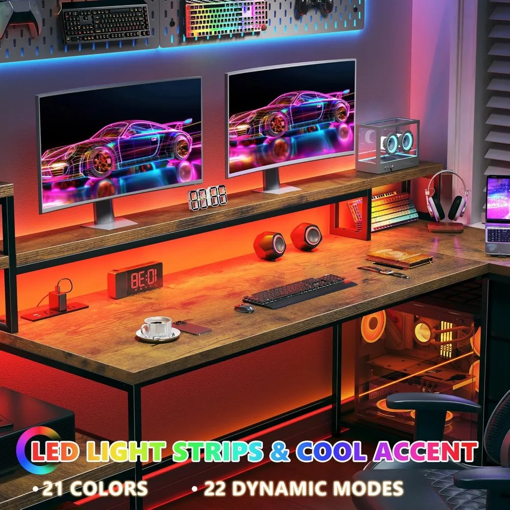 مكتب على شكل حرف L مقاس 71 بوصة مع 3 أدراج، ومكتب ألعاب بإضاءة LED، وتصميم قابل للعكس، ومخرج طاقة مدمج للمكتب المنزلي