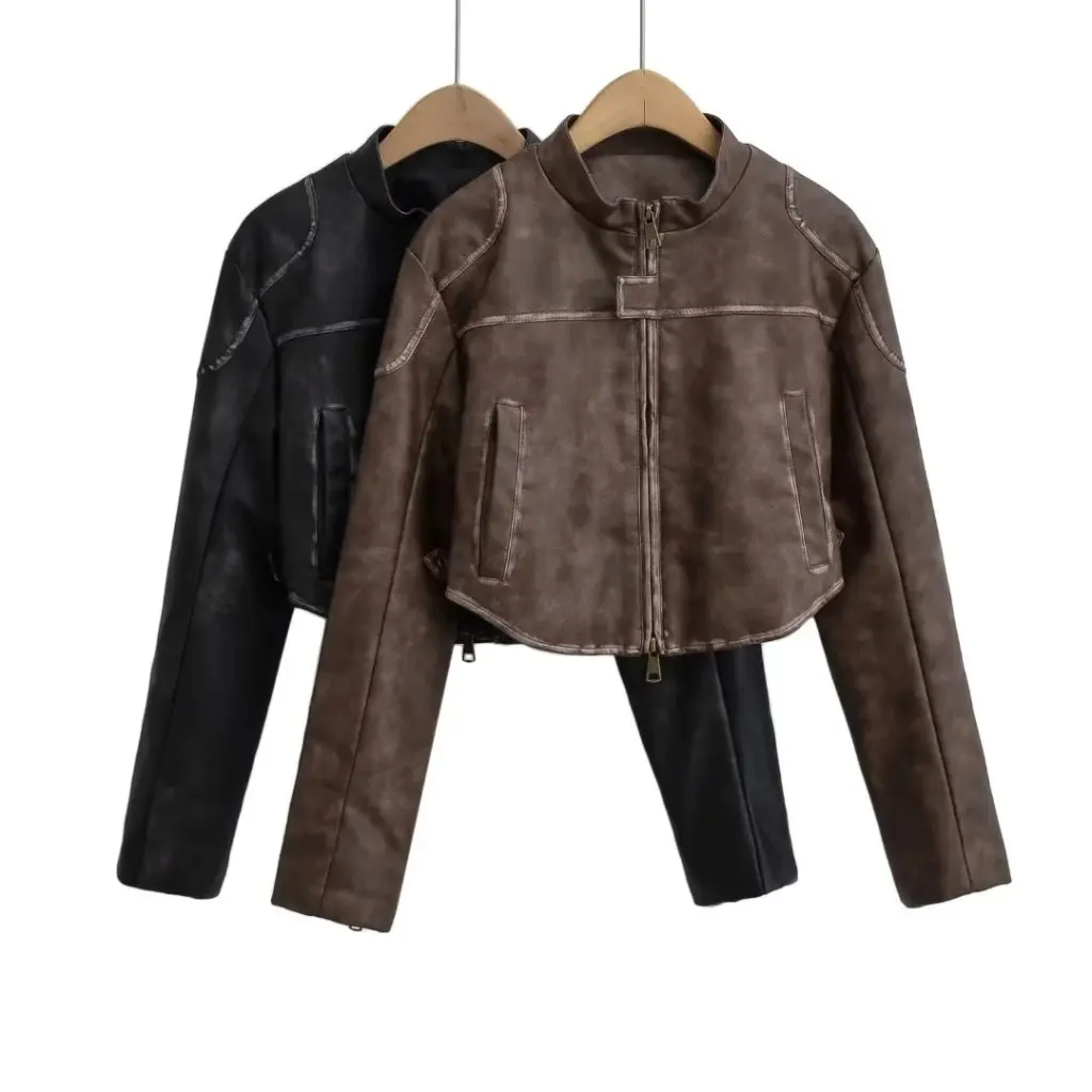 

Women's American-Style Retro Vintage Stand Collar Leather Jacket Short Curved PU Leather Coat for Autumn Washed Brushed