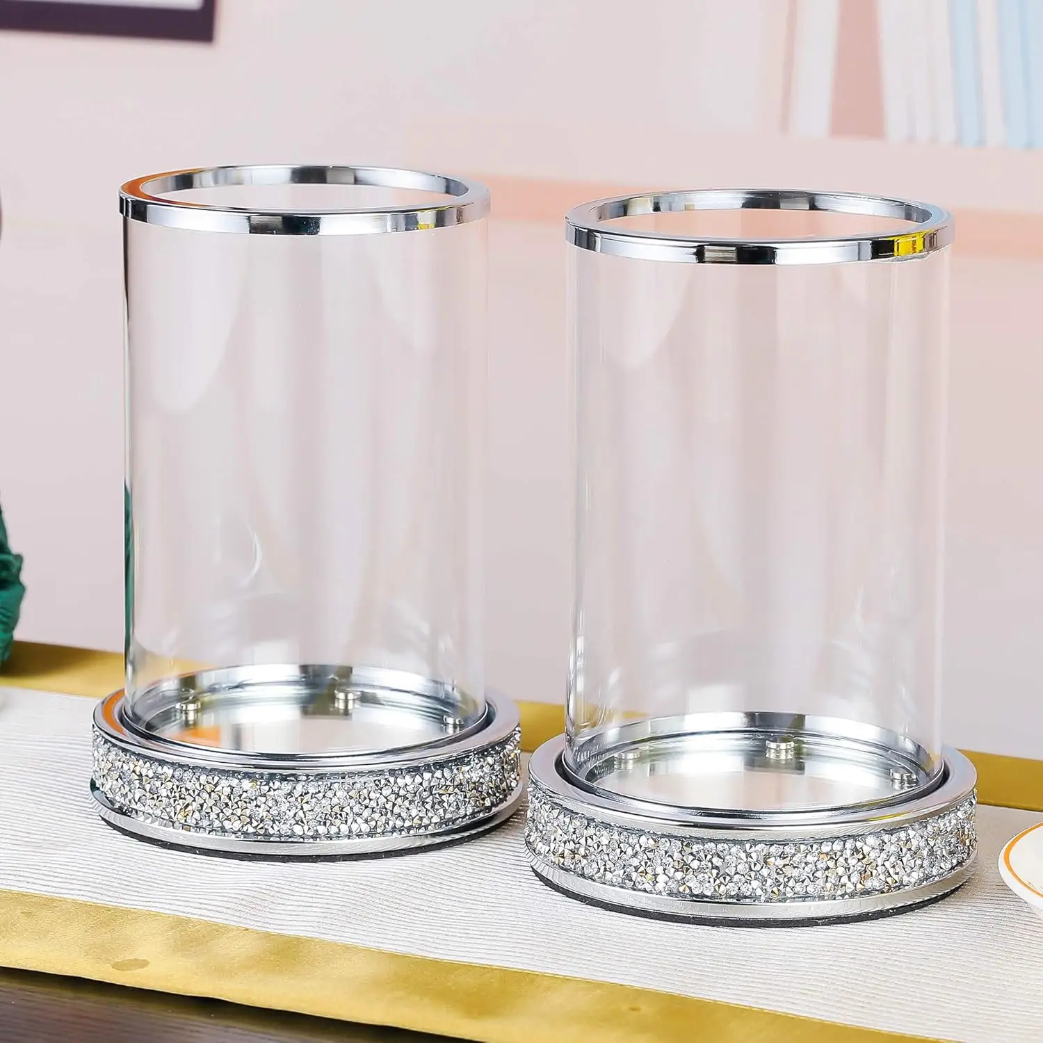 Bling Diamond Pillar Candle Holders Candlesticks Holder With Glass Hurricane Lid Metal Candle Holder Coffee Table Wedding Decor