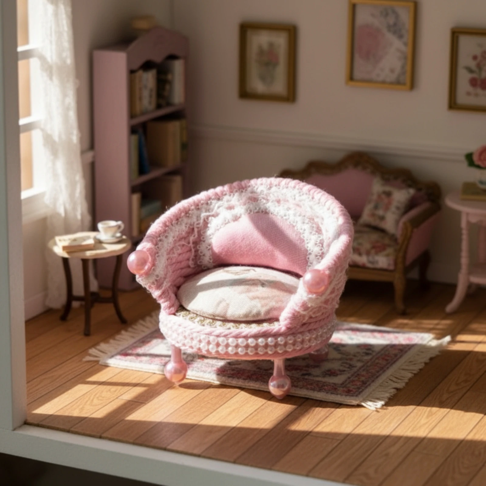 Dollhouse Sofa with Cushion Pink Dollhouse Sofa Miniature Barrel Chair 1/12 Scale Furniture Mini for Diorama, Tabletop Display