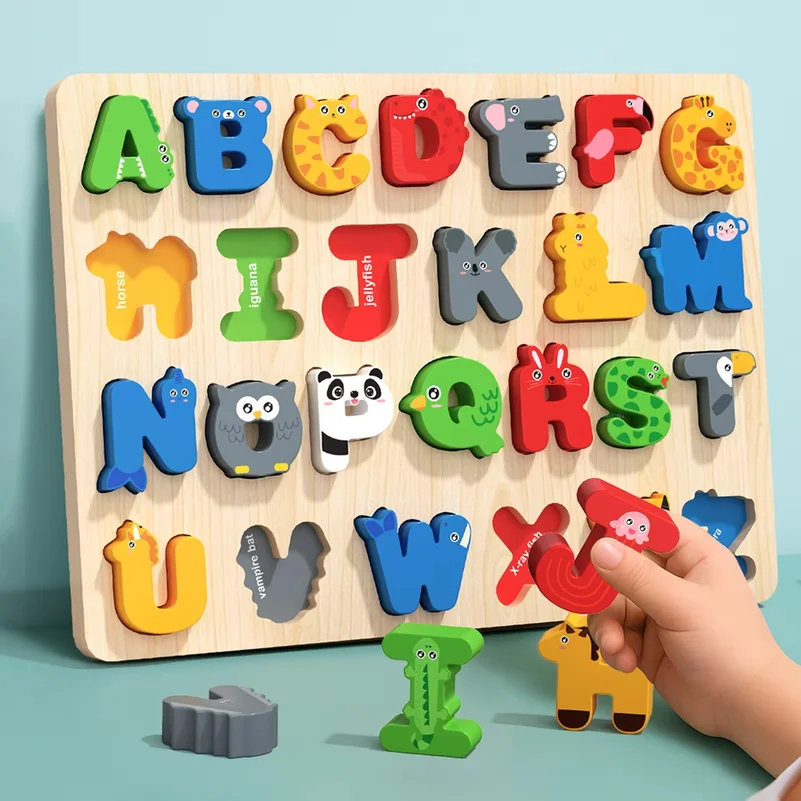 3D Colorful Alphabet Number Puzzle Montessori Wooden Puzzles Matching Games Early Education Toys Mathematics Shape Cognition