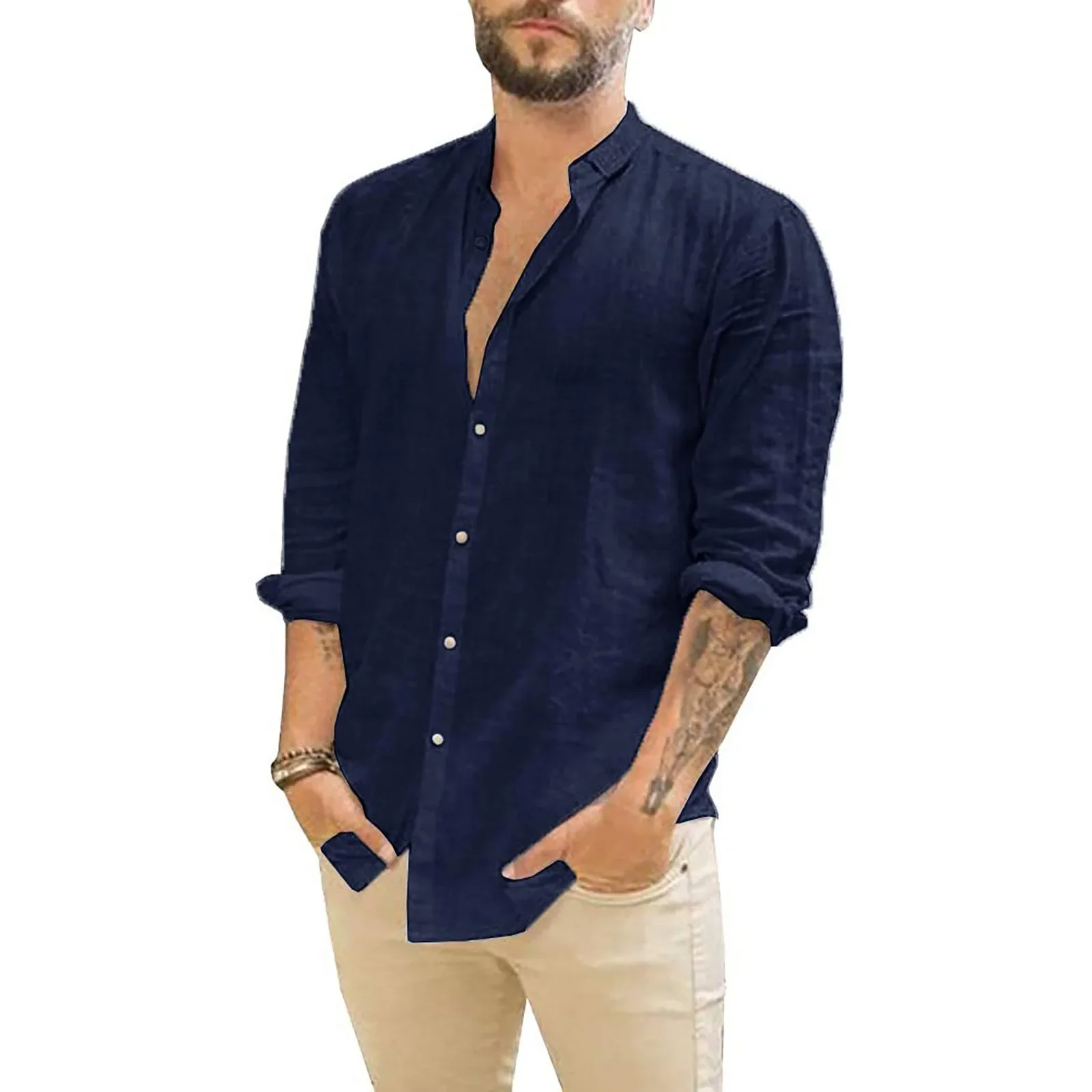 Cotton Linen Hot Sale Men's Long-Sleeved Shirts Summer Solid Color Stand-Up Collar Casual Beach Style Plus Size Camisas