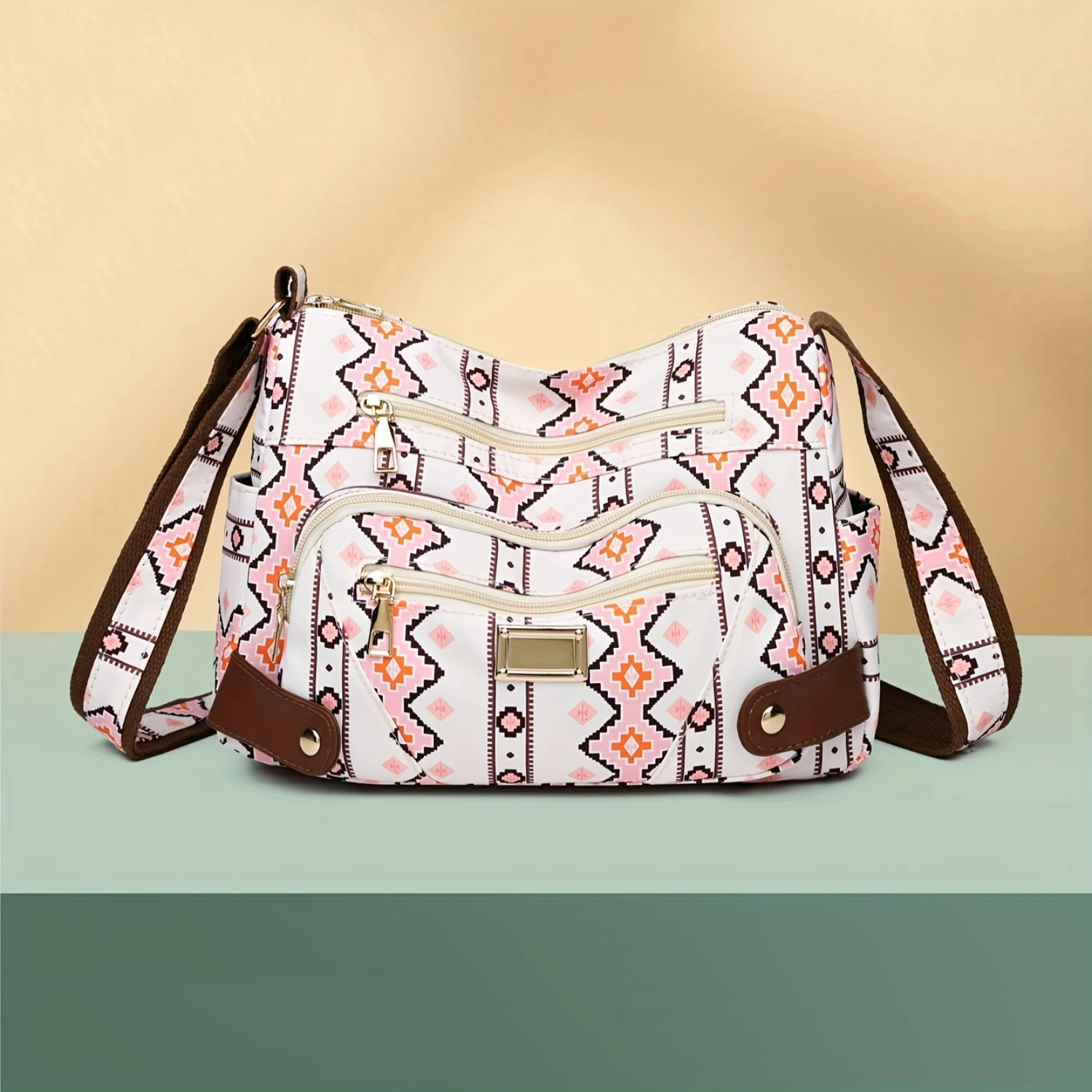 Aztec Print Crossbody Bag, Nylon Shoulder Purse, Women's Multi-Pocket Mommy Bag