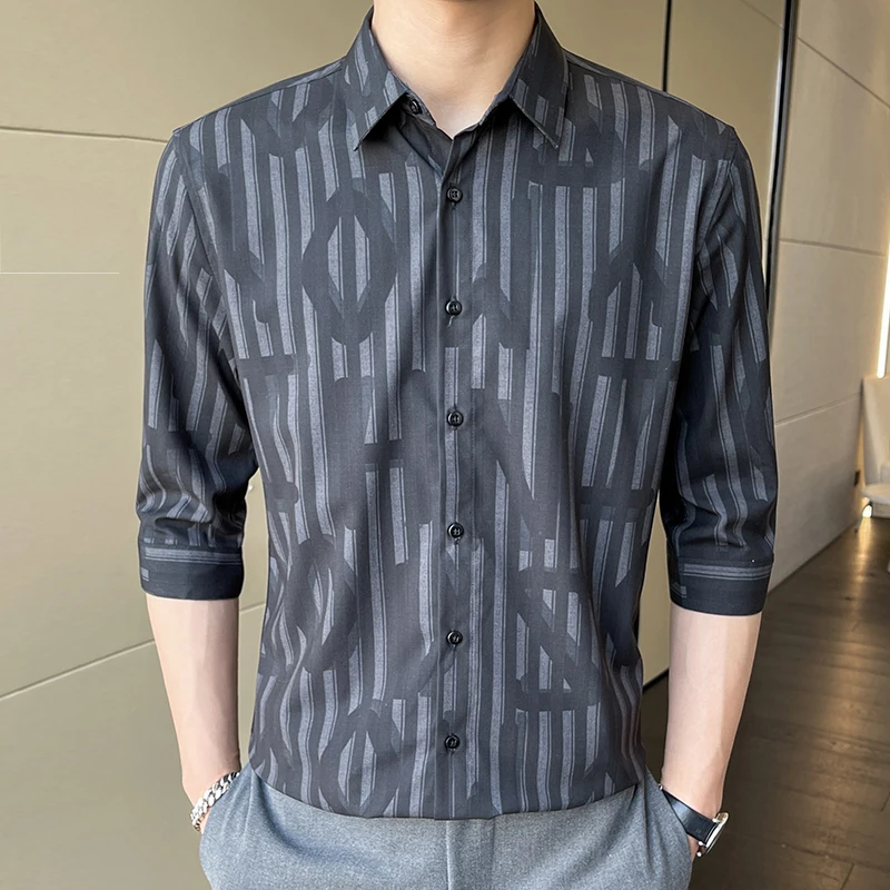 

New Fashion Shirt Men's Trend Slim Three-quarter Sleeved Shirt Casual Business Comfortable Dress Party Print Shirt Tops