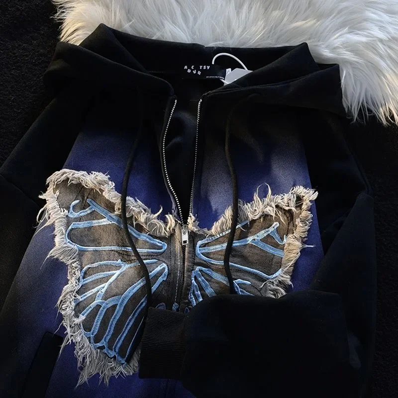 Street Popular Vintage Butterfly Patch Zipper Hoodies Women Y2K New Harajuku Casual Loose Sweatshirt Couple Fashion Joker Hoodie