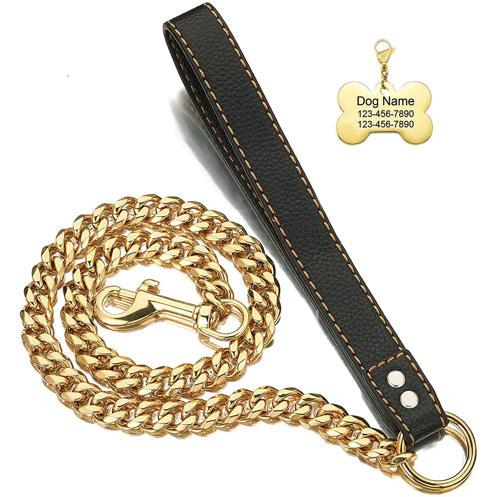 

15MM Strong Dog Collar Gold Leash 2FT 3FT 4FT 18K Plated Stainless Steel Cuban Link Chain with Personalized Pet Tags