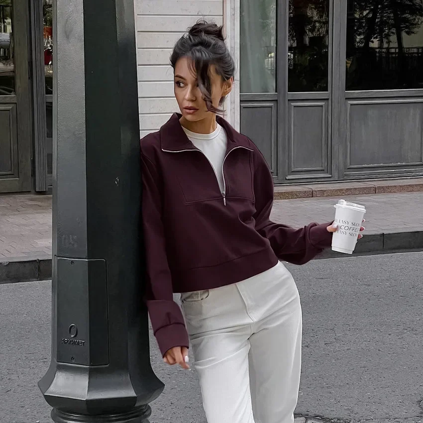 캐주얼 긴 소매 후드티 여성 가을 의류 빈티지 스타일 와인 레드 컬러 스웨트셔츠 여성용 풀오버 하프 지퍼 스트리트웨어