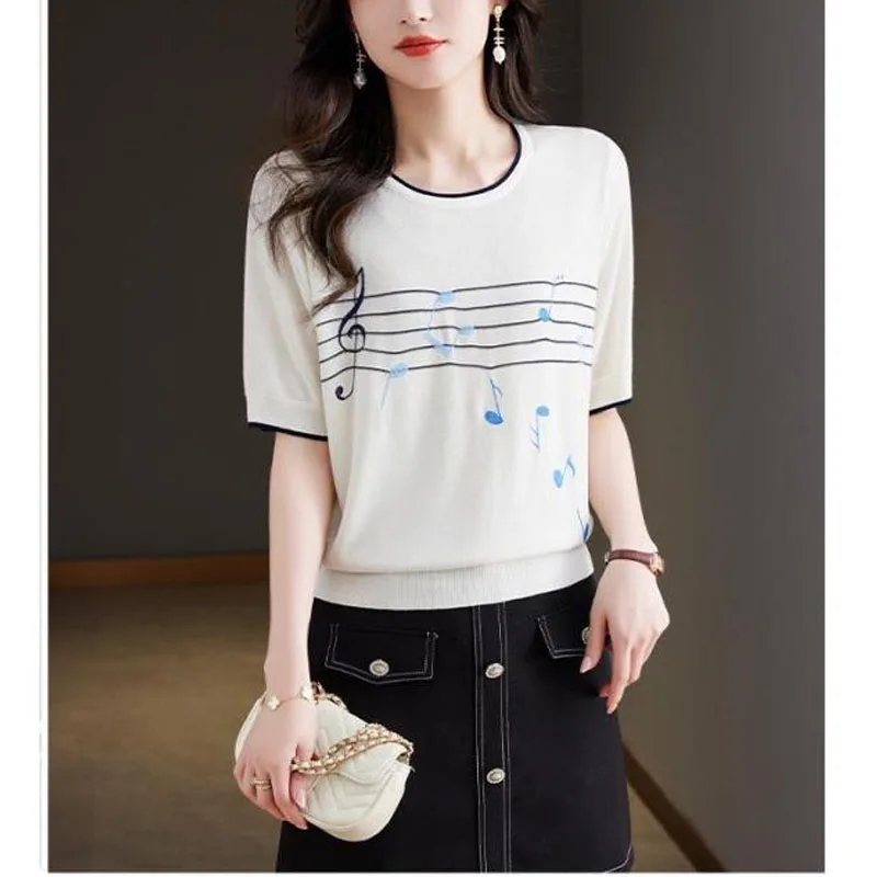 2024 Summer New Women's Pullovers Color Blocking Crew Neck Thin Stripe Short Sleeve Fashion Loose Versatile Thin Style Sweater