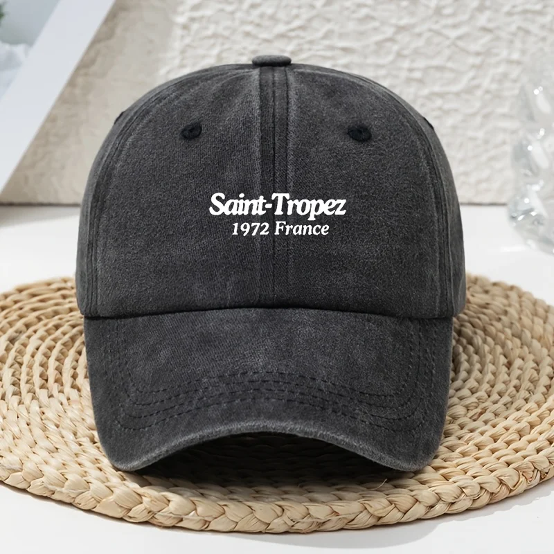 Saint-Tropez White Letter Print Distressed Washed Baseball Cap Unisex Spring/Summer Versatile Vintage Dad Hat Soft Top Washed Sn