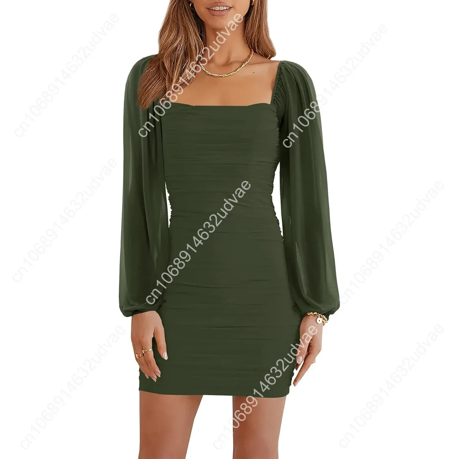 

Women's Mesh Long Sleeve Dress Square Neck Ruched Mini Bodycon Dress Stretch Party Cocktail Dresses