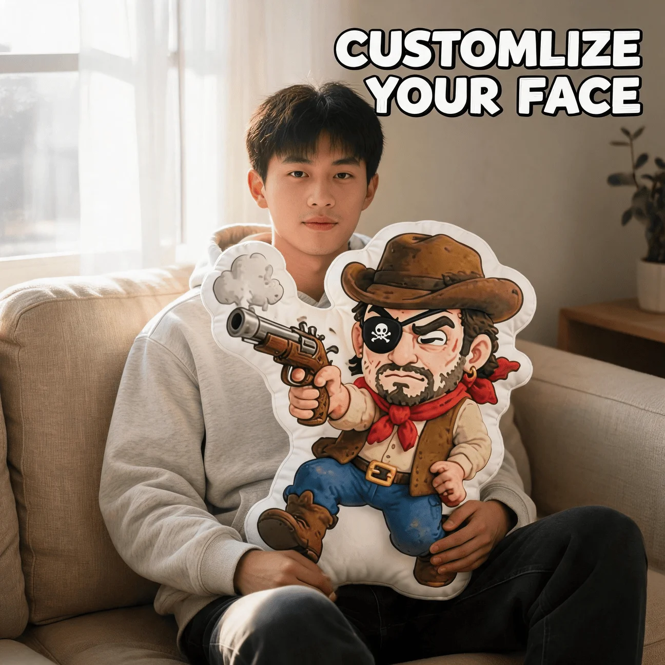 Personalized Pirate Cowboy Photo Pillow - Custom Photo/Text Cushion with Hat & Bandana, Suitable for Sofa & Bed Decor, Hand Wash