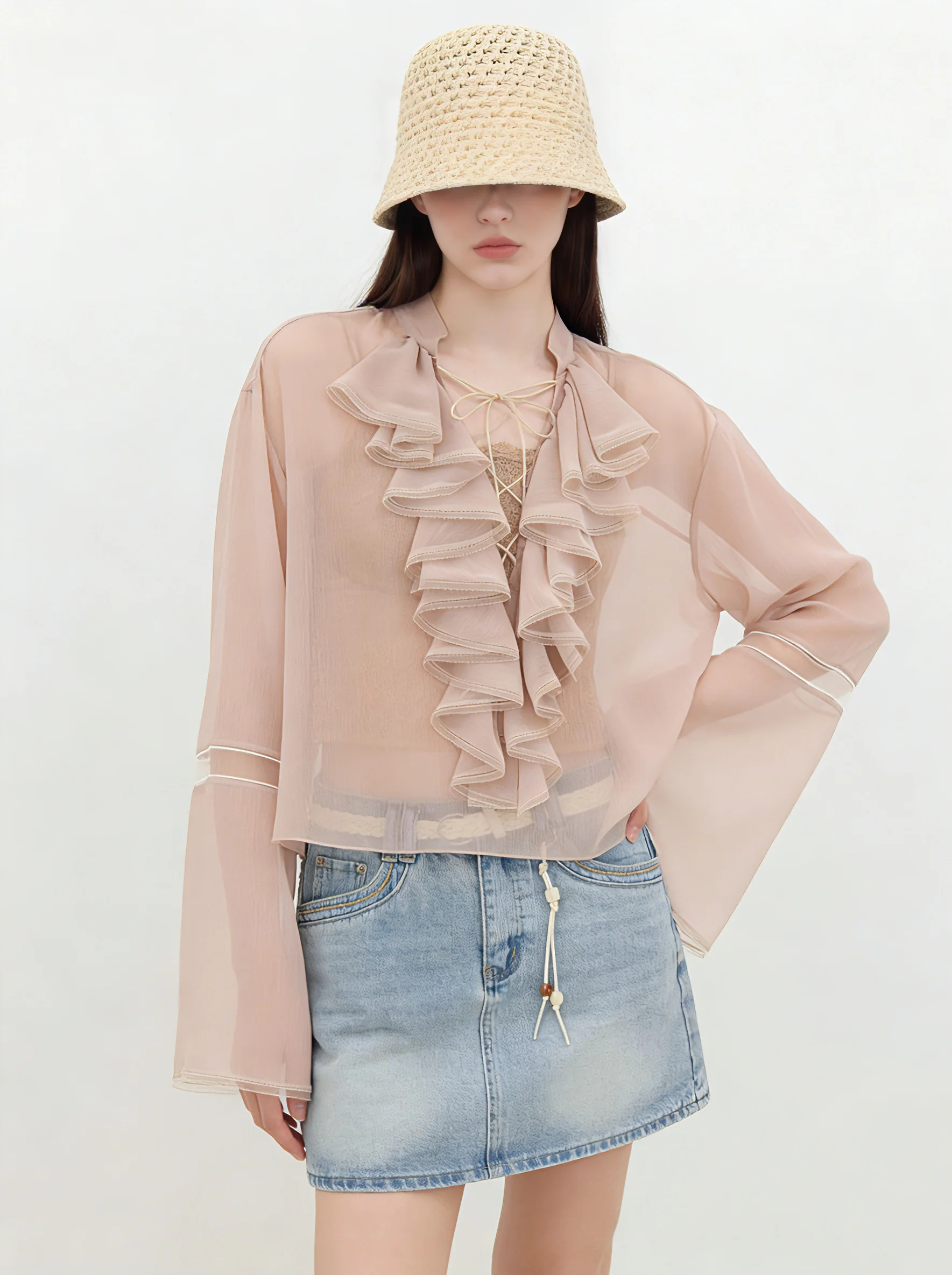 

Elegant V-Neck Long Sleeve Women's Shirt Lavender Color Lace Trim Casual Style Loose Fit Polyester Fiber Spring Season Wear